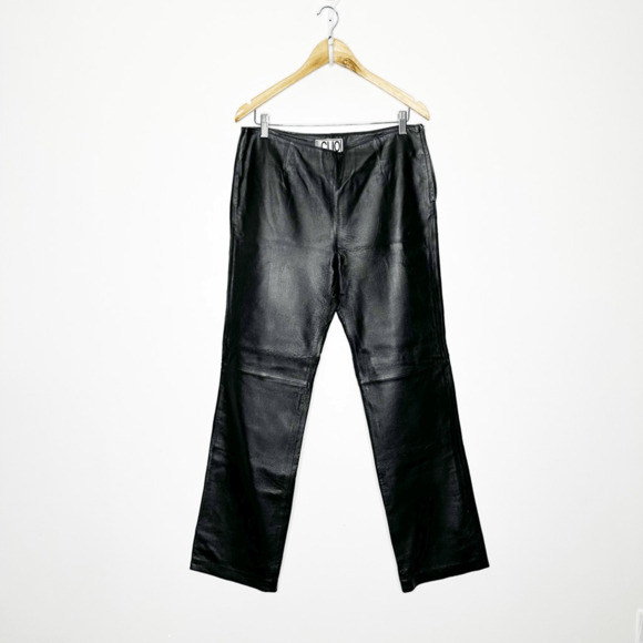 VINTAGE Y2K 00s Leather Straight Leg Pants black high rise womens 10 - Picture 1 of 6